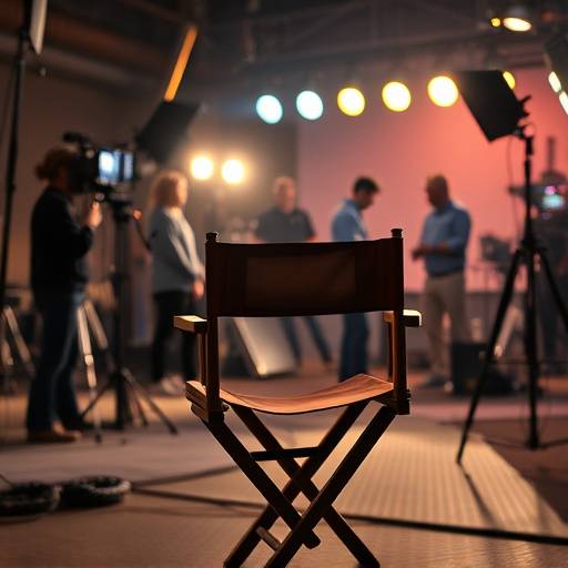 Un fauteuil de r√©alisateur sur un plateau de tournage avec l'√©quipe en arri√®re-plan