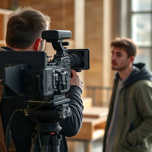 Un √©tudiant filmant une sc√®ne avec une cam√©ra professionnelle sur un plateau de tournage