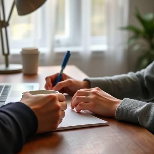 Une personne √©crivant un sc√©nario √† un bureau avec une tasse de caf√© et des notes.
