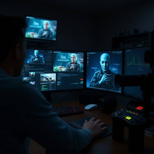 Une suite de montage avec un monteur travaillant sur un ordinateur avec plusieurs √©crans