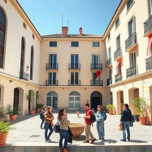 Vue partielle du campus de l'Acad√©mie Cin√© Lumi√®re √† Marseille, avec des √©tudiants discutant dans la cour